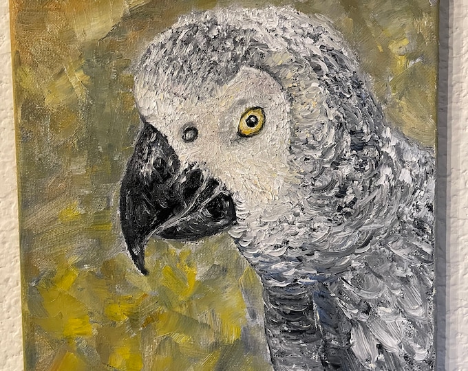African Grey Parrot Pet Portrait Wall Art Wall Decor Original Oil Painting 9 x 12 in