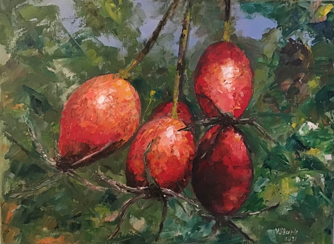 Rose Hips Wall Art Wall Decor Red Fruit Berries Original Oil Painting ...