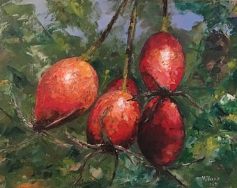 Rose Hips Wall Art Wall Decor Red Fruit Berries Original Oil Painting 12 x 16 in