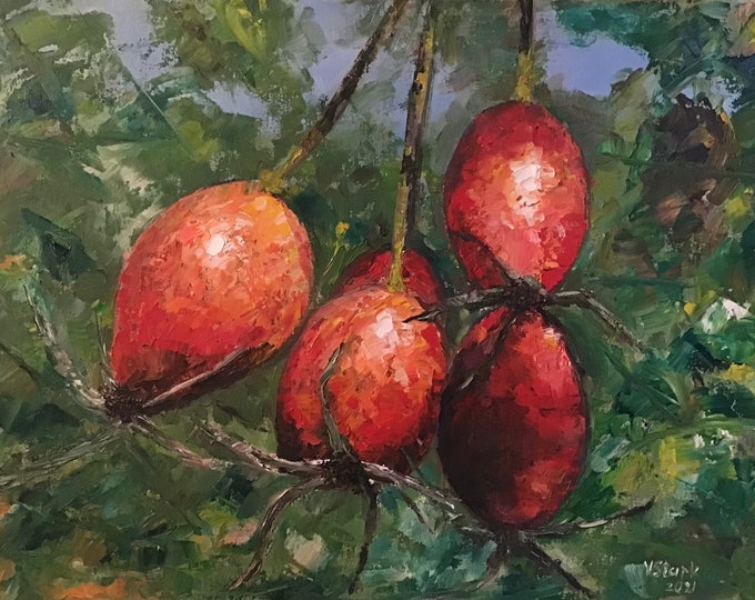 Rose Hips Wall Art Wall Decor Red Fruit Berries Original Oil Painting 12 x 16 in
