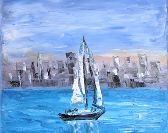 Sailboat San Francisco Bay Impasto Wall Art Original Oil Painting 8x10 in