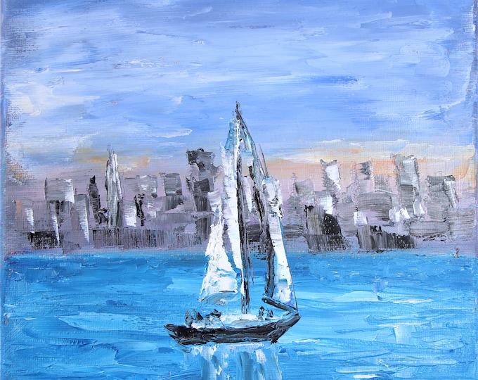 Sailboat San Francisco Bay Impasto Wall Art Original Oil Painting 8x10 in