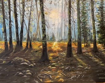 Morning in the Forest Trees Park Sunrise Wall Art Original Oil Painting 24”X18&quot;