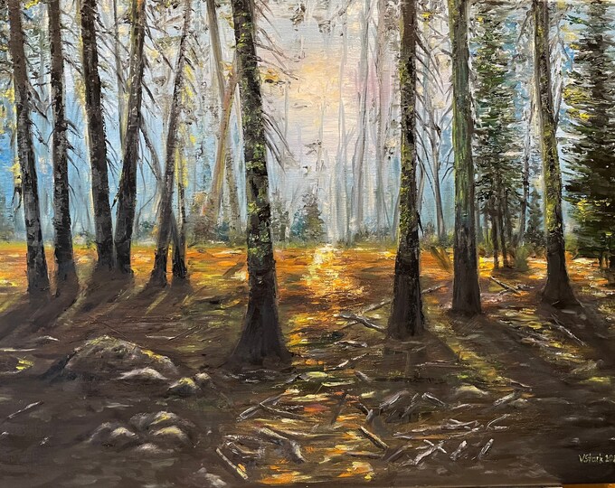 Morning in the Forest Trees Park Sunrise Wall Art Original Oil Painting 24”X18"