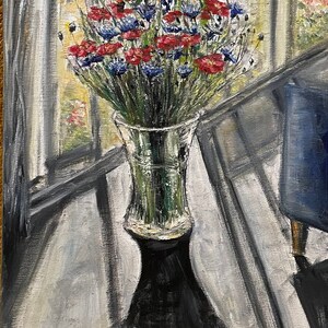 Red and Blue Flower Bouquet Flowers in Vase Wall Art Original Oil Painting 16 x 12 in