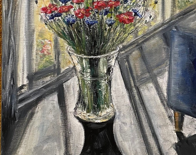 Red and Blue Flower Bouquet Flowers in Vase Wall Art Original Oil Painting 16 x 12 in