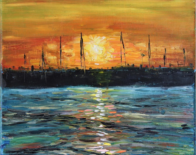 Sunset at the Bay Seascape Wall Art Wall Decor Impasto Original Oil Painting 12x12 in