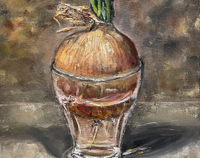 Sprouted Yellow Onion and Cherry Still Life Original Oil Painting 9 x 12 in