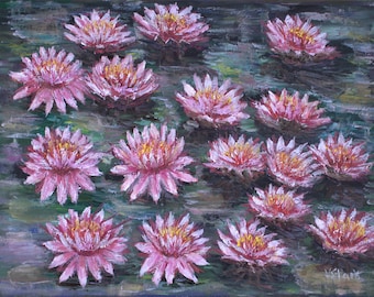 Flowers Water Lilies Abstract Impasto Wall Art Original Oil Painting 11 x 14 in