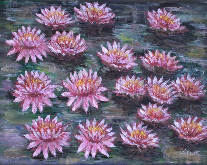 Flowers Water Lilies Abstract Impasto Wall Art Original Oil Painting 11 x 14 in