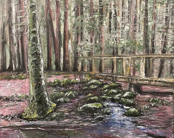 Trees and Creek Bridge Pine Trees Moss California Park Original Oil Painting Wall Art 16”x20”