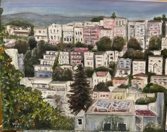 Oakland Piedmont California Urban View Cityscape Wall Art Original Oil Painting 20 X 16 in