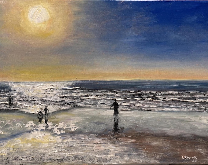 Early Afternoon at the Beach Seascape People Ocean Wall Art Original Oil Painting 16”x12”