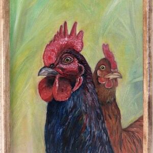 Rooster and Hen Framed Wall Art Wall Decor Original Oil Painting 11 x 14 in