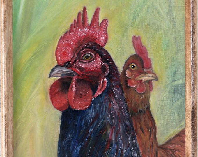 Rooster and Hen Framed Wall Art Wall Decor Original Oil Painting 11 x 14 in