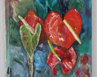 Red Flowers Anthurium Flowers Wall Art Wall Decor Original Oil Painting 12x12 in