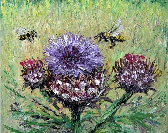 Honey Bees over Burdock Wall Art Wall Decor Original Oil Painting 10x10 in