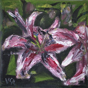 Flowers Lily Flowers Small Painting Impasto Wall Art Original Oil Painting 5 x 5 in