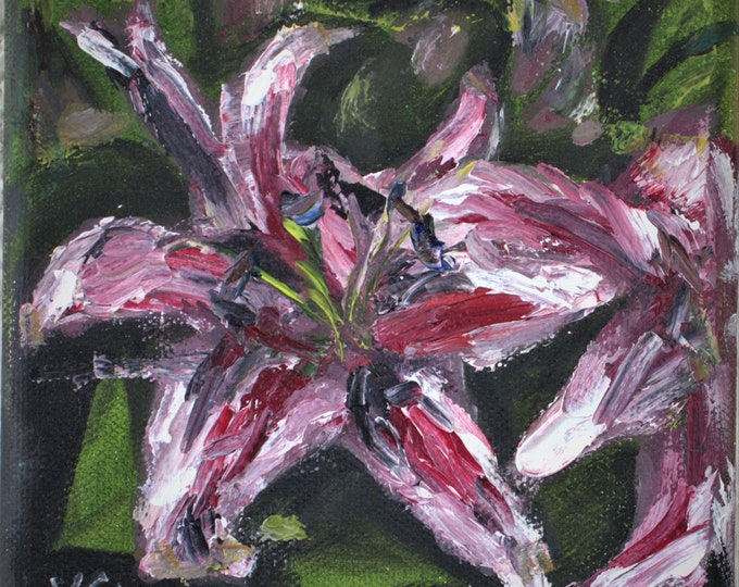 Flowers Lily Flowers Small Painting Impasto Wall Art Original Oil Painting 5 x 5 in