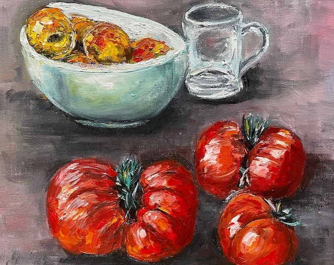 Still Life with Tomatoes Original Oil Painting 10x10 in