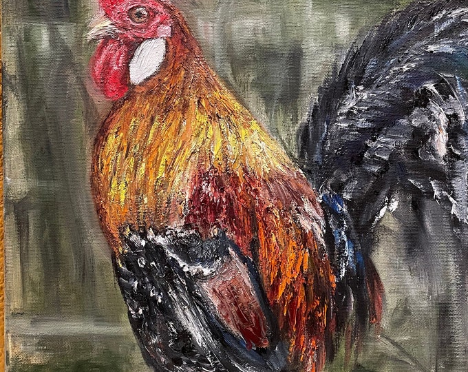Rooster Colorful Bird Cayman Country Rooster Wall Art Original Oil Painting 12" X 16"