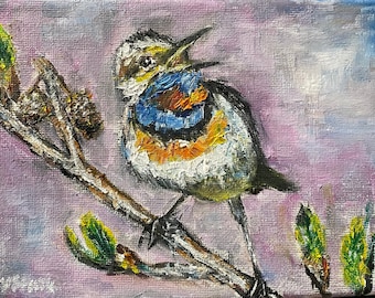 Bluethroat Tiny Bird Wall Art Small Original Oil Painting 6x9 in