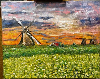 Wind Mill Landscape Sunset Wall Art Wall Décor Impasto Original Oil Painting 16 x 20 in