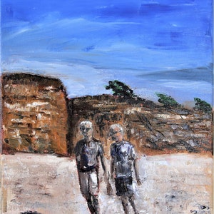 May include: A painting depicting two people walking along a beach. The sky is blue and there are brown cliffs in the background.