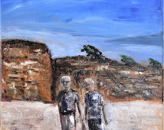 Half Moon Bay California People Walking Wall Art Original Oil Paintin 9x12 in