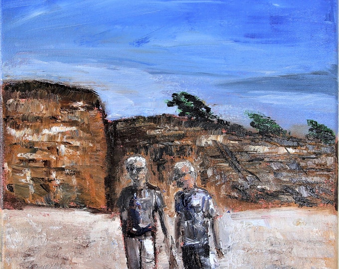 Half Moon Bay California People Walking Wall Art Original Oil Paintin 9x12 in