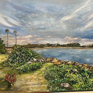California Coast Bench Landscape Seascape Wall Art Original Oil Painting 12 x 16 in