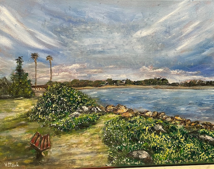 California Coast Bench Landscape Seascape Wall Art Original Oil Painting 12 x 16 in