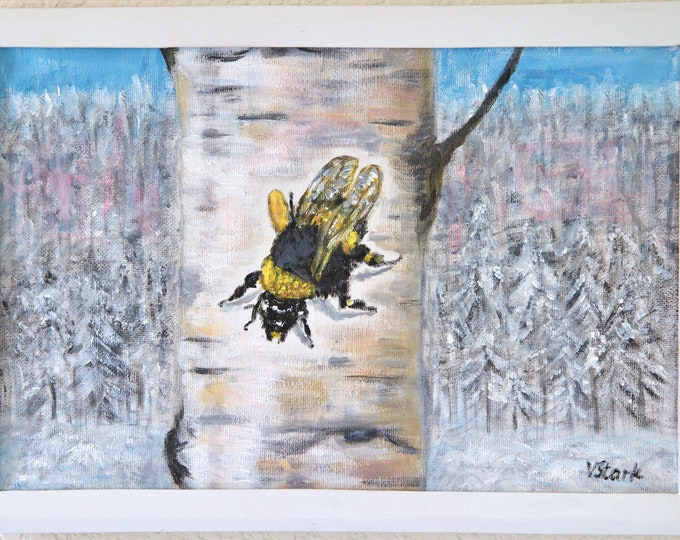 Bumblebee on Birch Tree Wall Art Wall Decor Original Painting 9 x 13 in