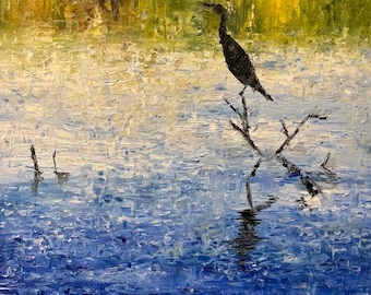 Lake in Fall Season Black Bird Landscape Abstract Original Oil Painting Wall Art 16”x20”