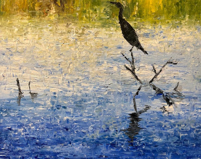 Lake in Fall Season Black Bird Landscape Abstract Original Oil Painting Wall Art 16”x20”