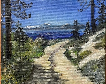 Lake Tahoe Mountain Path Landscape Wall Art Original Oil Painting 6"x6"