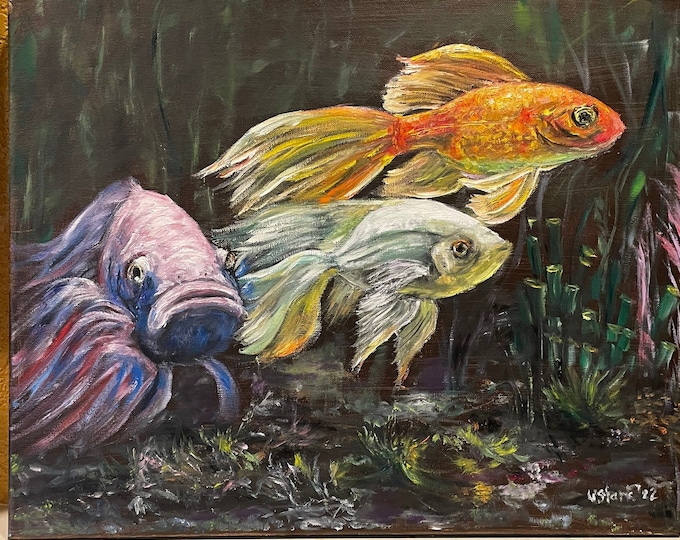 Colorful Fish Underwater World Wall Art Original Oil Painting 16 x 20 in