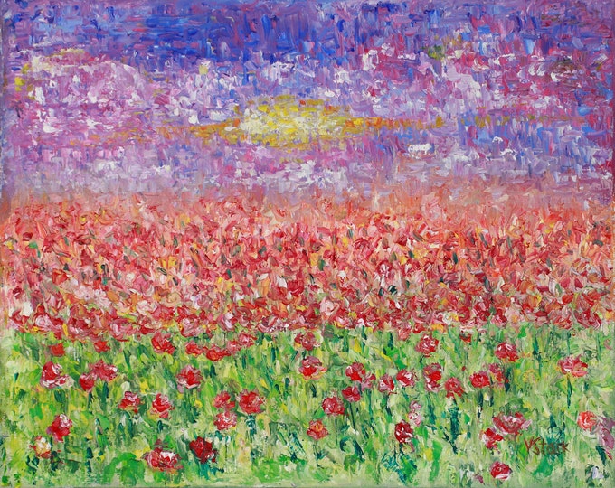 Field of Flowers Vibrant Flowers Impression Abstract Impasto Original  Oil Painting 16 x 20 in