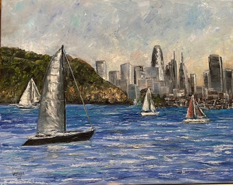 Tiburon California Shoreline Park Sailboats Original Oil Painting Wall Art 16 x 20 in