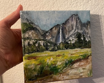 Yosemite Valley Small Painting Waterfall Wall Art Original Oil Painting 6"X6"