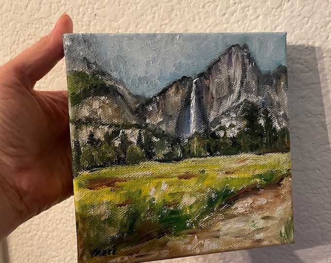 Yosemite Valley Small Painting Waterfall Wall Art Original Oil Painting 6"X6"