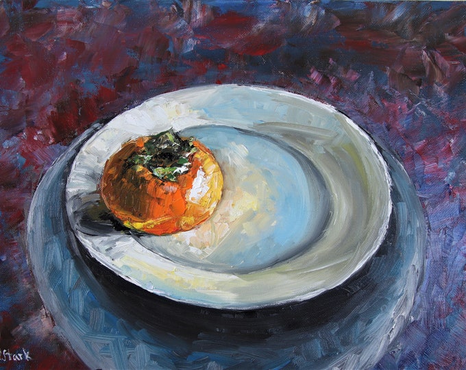 Persimmon on a Plate Wall Art Wall Décor Original Oil Painting 11x14 in
