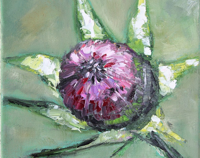 Cosmos Flower Bud Impasto Wall Art Original Oil Painting 8x8 in
