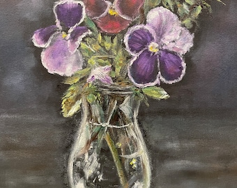 Pansies in Vase Flowers Bouquet Wall Art Original Oil Painting 11x14 in