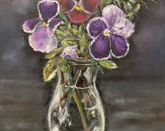Pansies in Vase Flowers Bouquet Wall Art Original Oil Painting 11x14 in