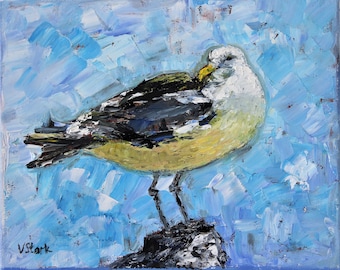Bird Seagull Wild Bird Wall Art Wall Decor Impasto Original Oil Painting 8x10 in