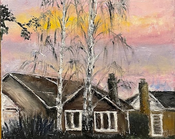 California House Sunset Birch Trees Wall Art Original Oil Painting 11 x 14 in