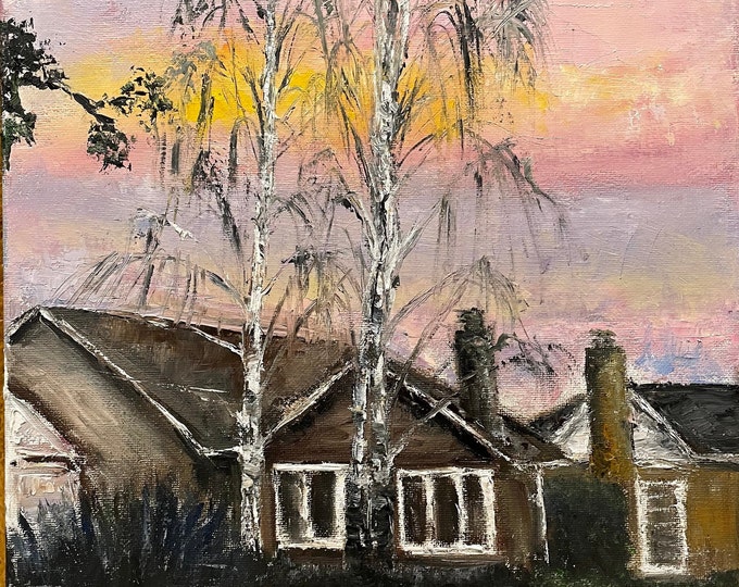 California House Sunset Birch Trees Wall Art Original Oil Painting 11 x 14 in