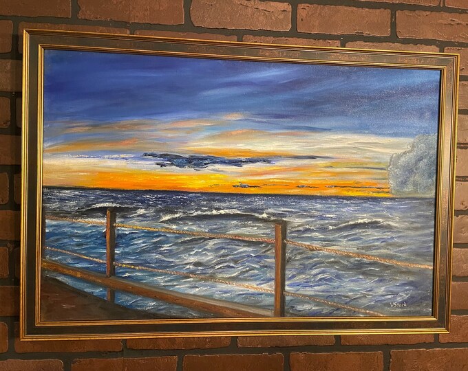 Carribean Sunset Sky Ocean Wall Art Framed Original Oil Painting 28.6" x 18.4"