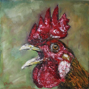 Crowing Rooster Impasto Wall Art Wall Decor Original Oil Painting 12x12 in